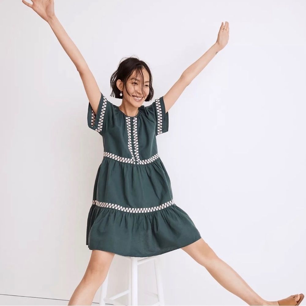 Madewell Embroidered Linen-Blend Flutter-Sleeve Mini Dress NF889 Small